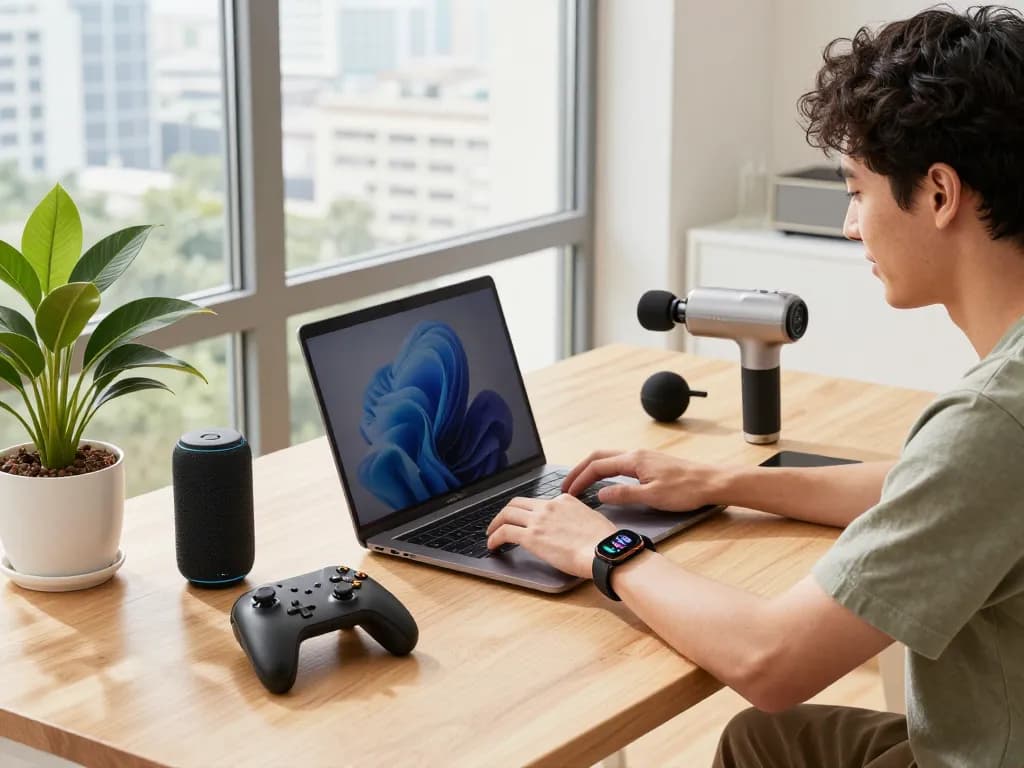 Must have tech gadgets on a stylish home office desk, including a Bluetooth speaker and the Fitbit Charge 6.