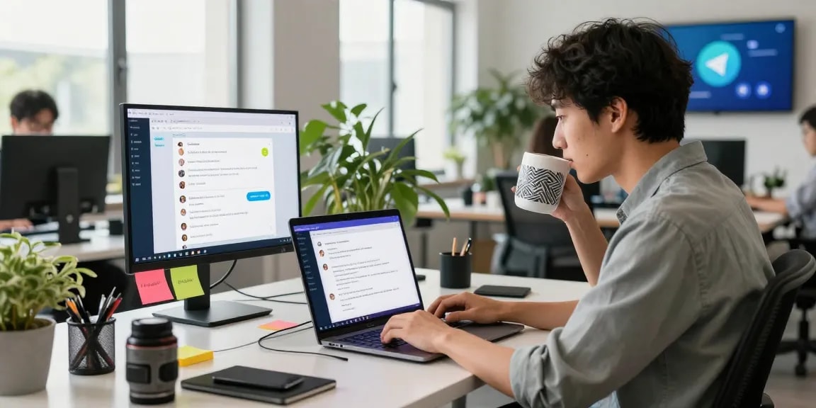 Using the Telegram web version in a modern office setting with a laptop and vibrant workspace.