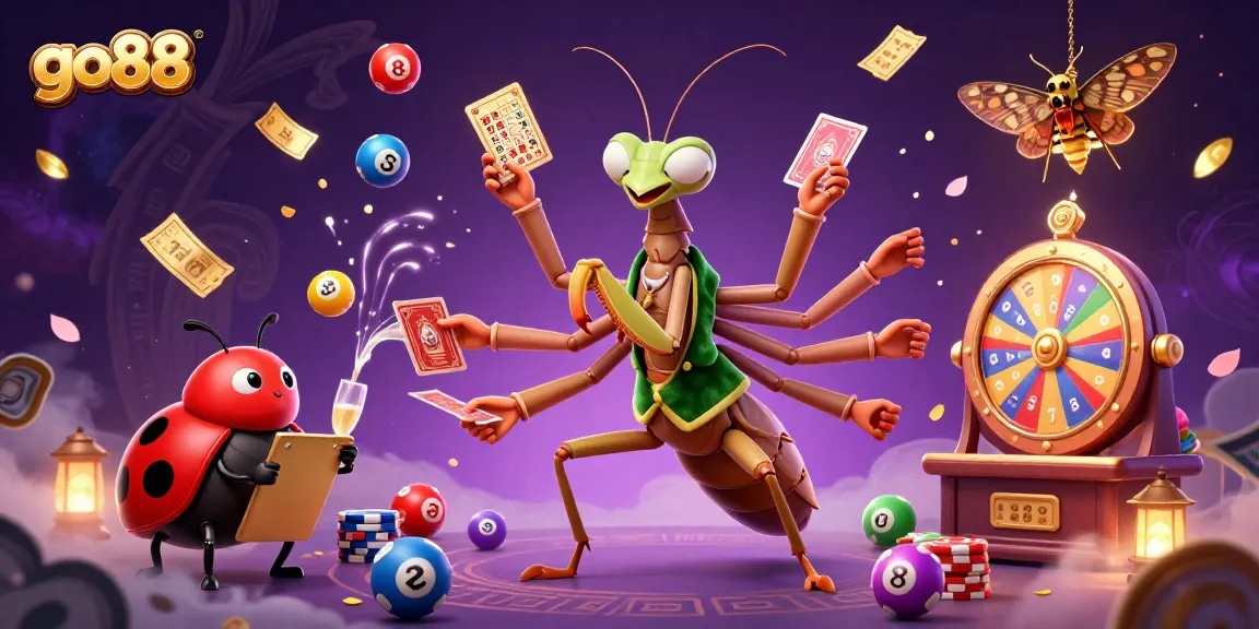 Experience thrilling games at Go88 with a vibrant illustration of a praying mantis card sharp and lottery excitement.