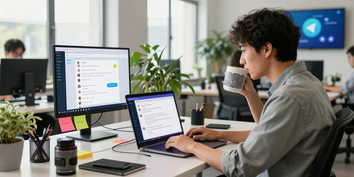 Using the Telegram web version in a modern office setting with a laptop and vibrant workspace.