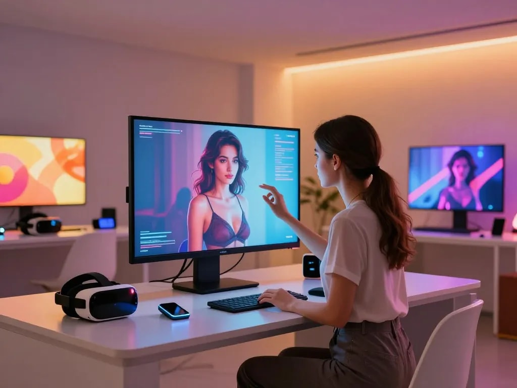 Engaging with AI-generated erotic art in a modern tech space exploring ai sex and technology.