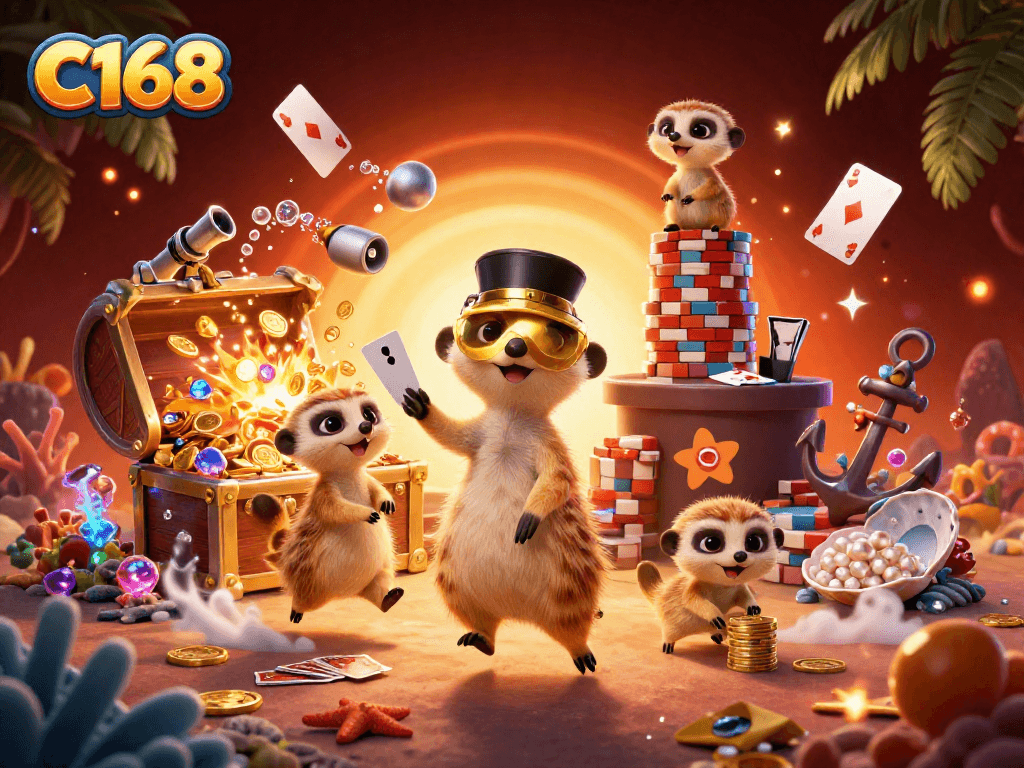 Experience the vibrant world of C168 with meerkats running a lively casino operation amidst rich gaming elements.