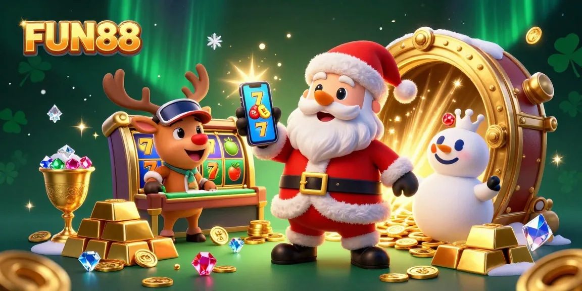 Join the FUN88 experience with Santa celebrating jackpot slots in a vibrant casino scene.