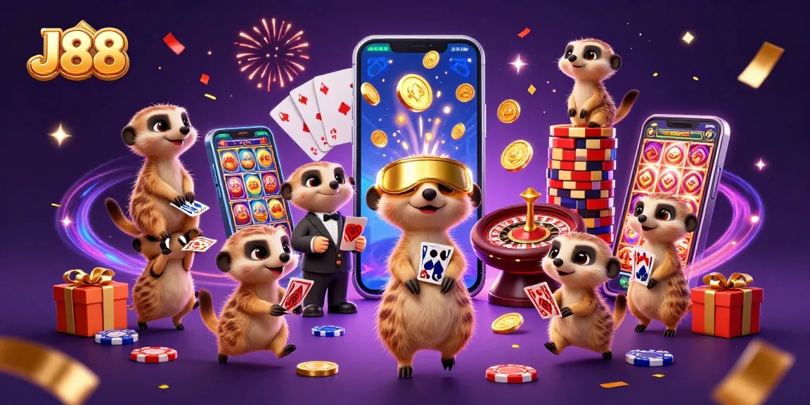 Engaging scene with J88 meerkats running a casino operation, capturing the excitement of gaming.