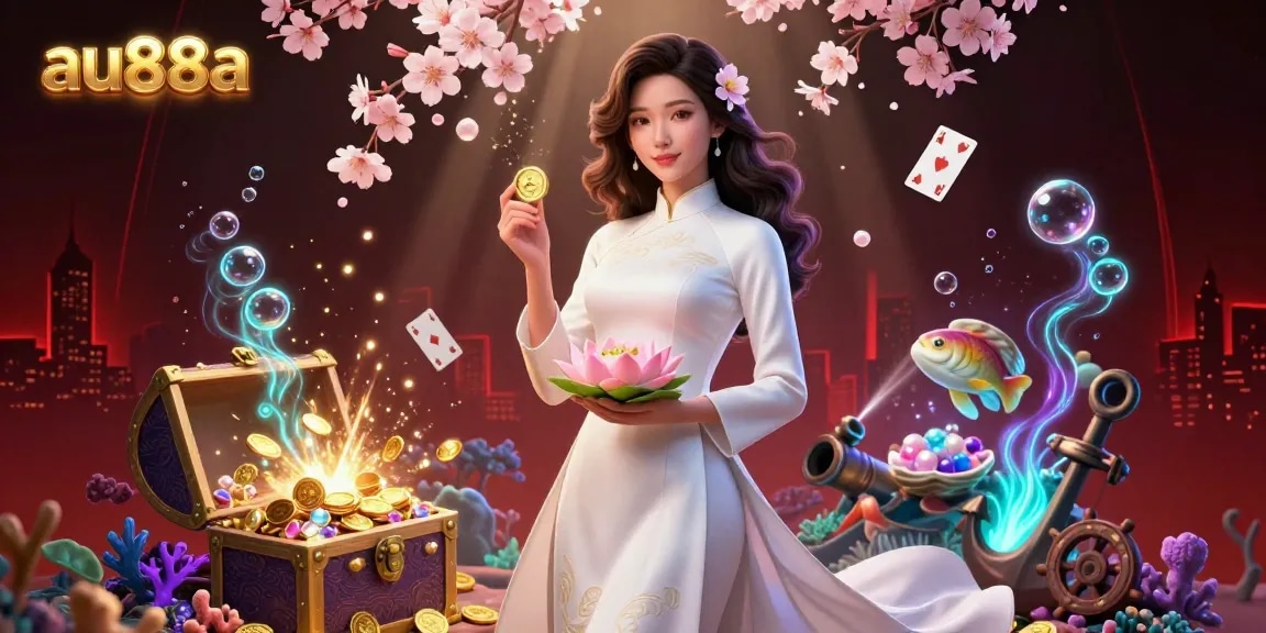 Engage with the vibrant energy of au88a, featuring a serene Asian woman amidst exquisite casino elements and gold coins.