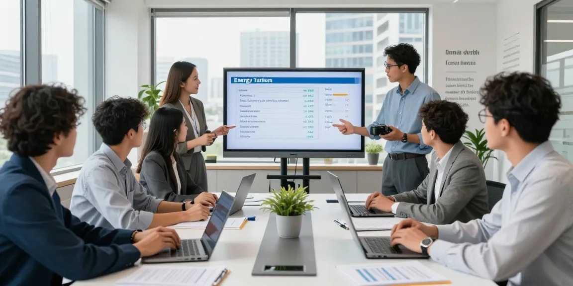 Team evaluating big six energy suppliers in a modern office setting.
