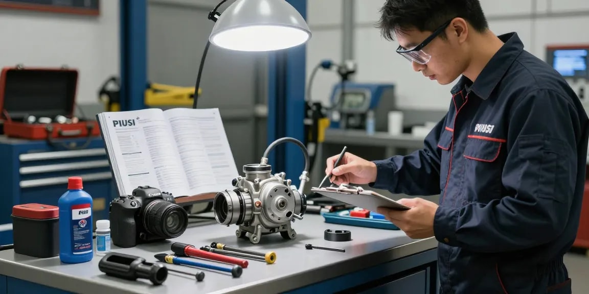 Tecnico che esamina un pompo Piusi nel suo laboratorio attrezzato.