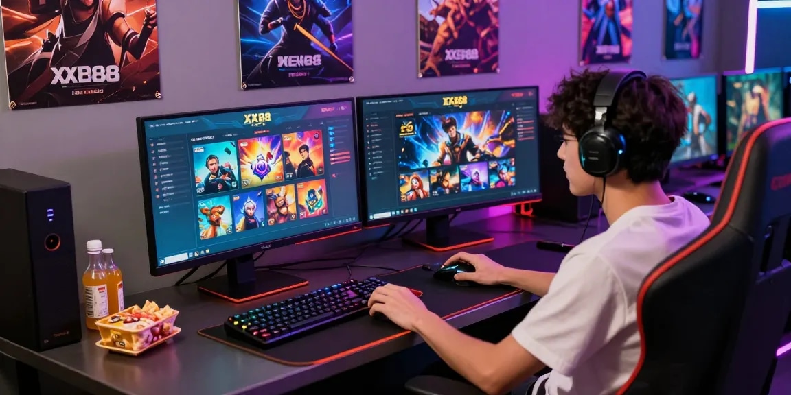 Player engaged on XX88 platform with dual monitors, gaming setup.