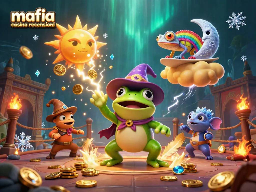 Mafia casino recensioni showcases a lively scene with magical characters amid a whirlwind of golden coins and vibrant gaming elements.