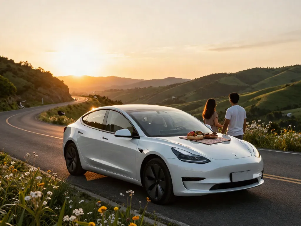 Noleggio lungo termine Tesla con Model 3 vista panoramica e picnic romantico al tramonto.