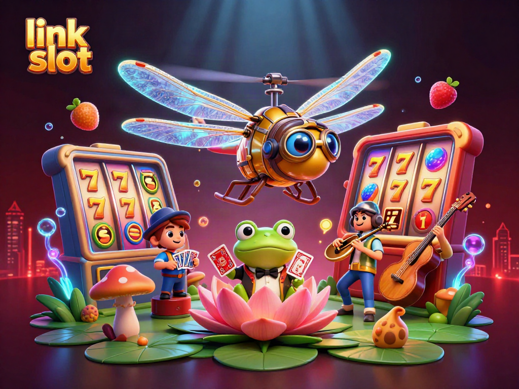 Experience the excitement of link slot with a vibrant 3D casino scene featuring a dragonfly pilot and frog croupier.