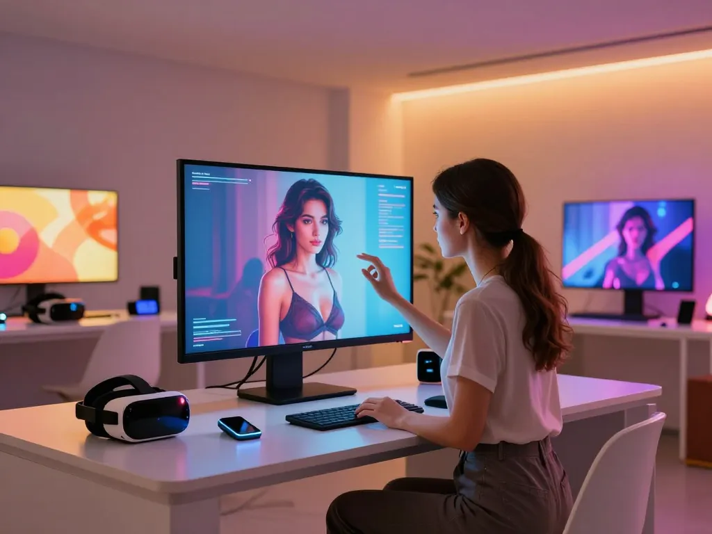 Engaging with AI-generated erotic art in a modern tech space exploring ai sex and technology.