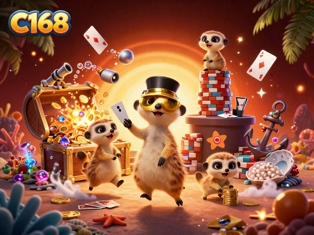 Experience the vibrant world of C168 with meerkats running a lively casino operation amidst rich gaming elements.