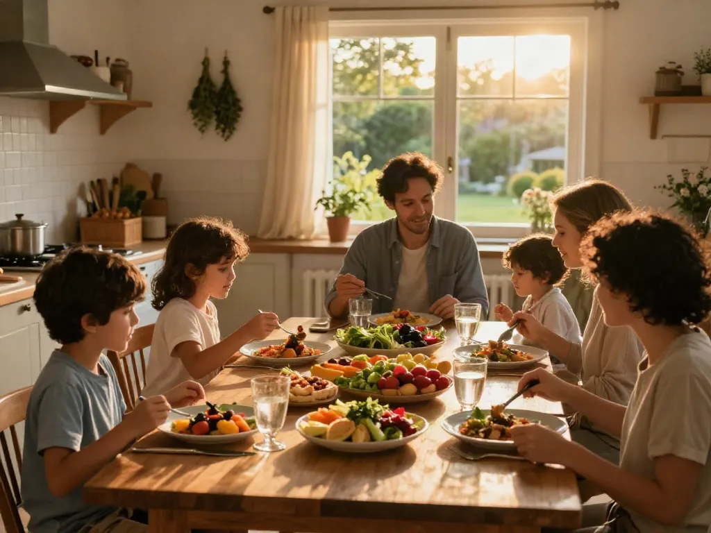 rokok88 family enjoying fresh meals at a beautifully set dining table