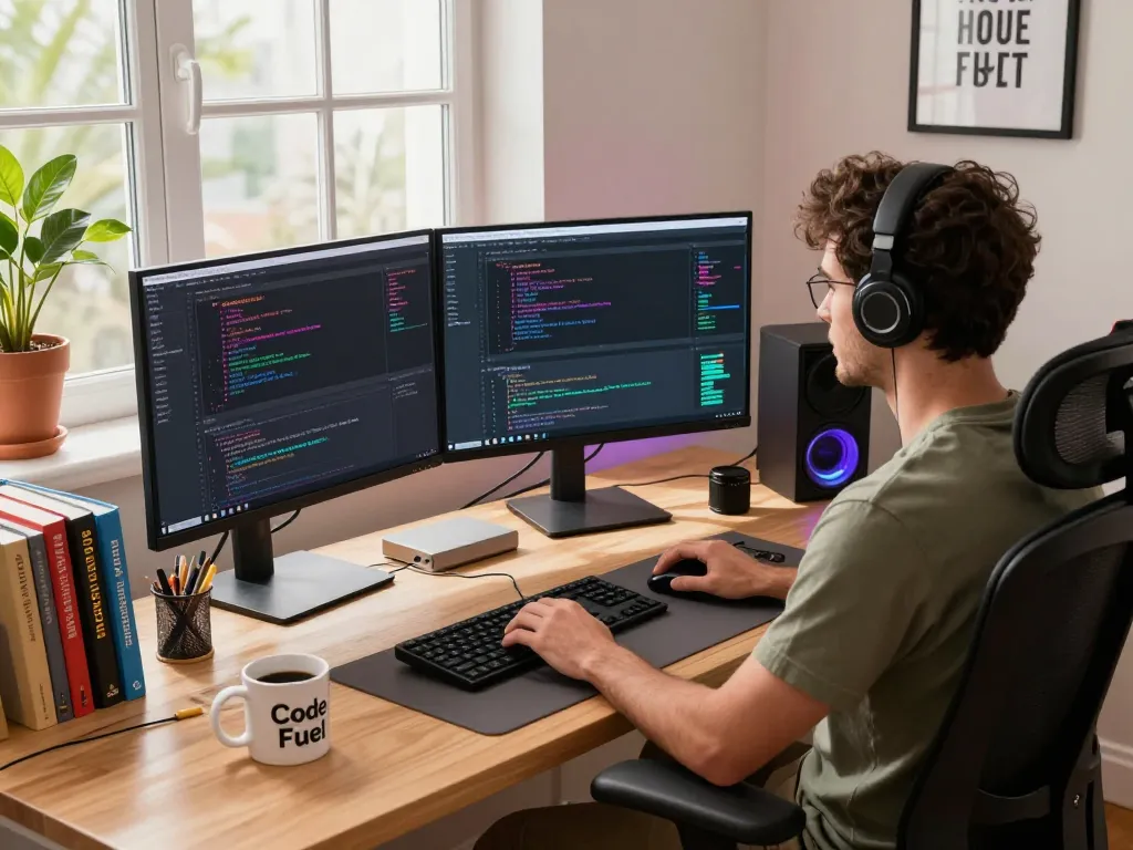 Developer utilizing Clawdbot AI desktop setup with coding scripts and tech gadgets in a vibrant home office.