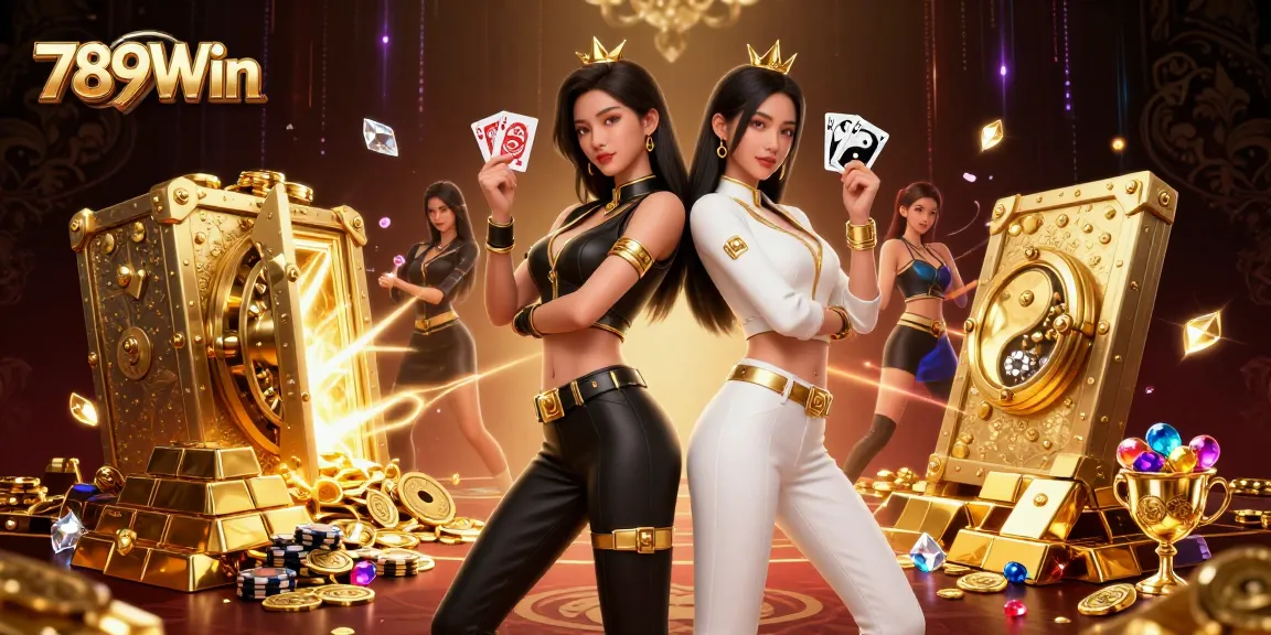 Experience the thrill of 789Win as twin Asian women showcase their poker skills in a lavish casino.
