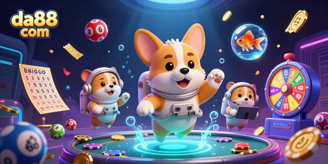 Engage with da88 com's exciting gambling universe featuring a floating corgi in a colorful casino scene.