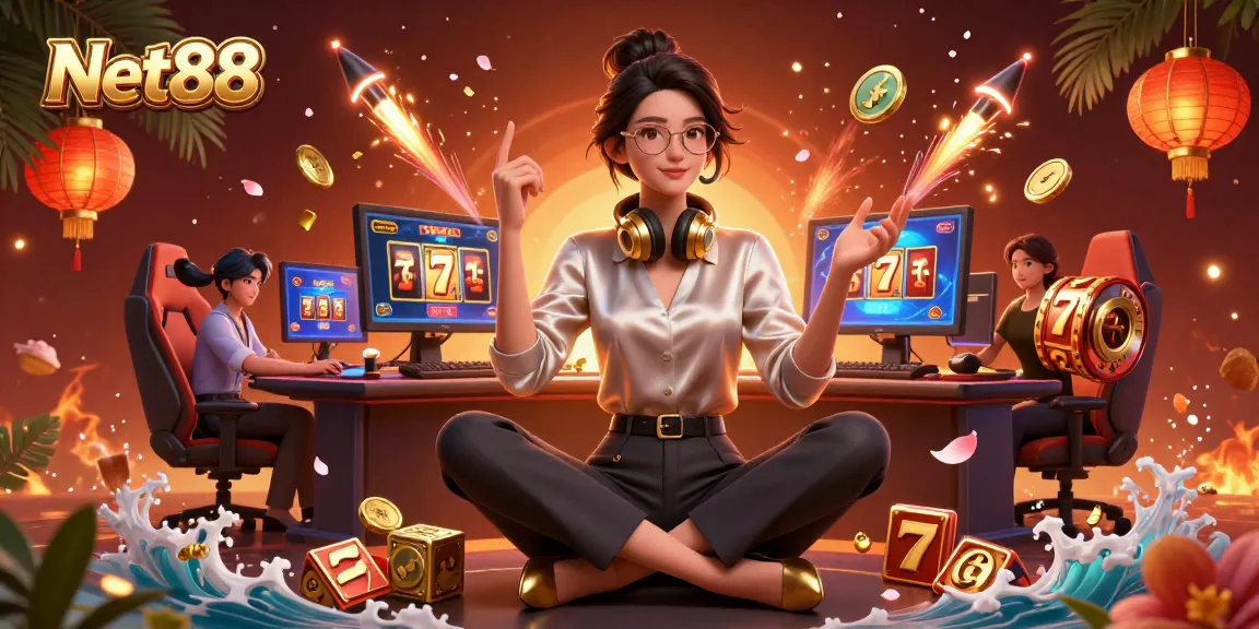 Engaging with slot games featuring Net88 at a vibrant online casino setup.