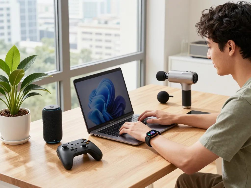 Must have tech gadgets on a stylish home office desk, including a Bluetooth speaker and the Fitbit Charge 6.