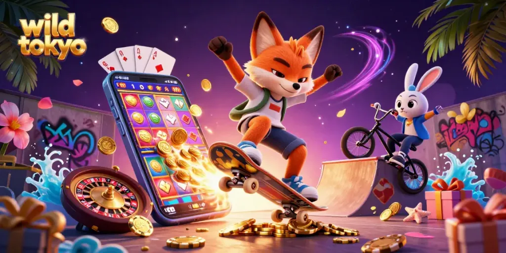Experience wild tokyo gaming with a vibrant illustration of fox and rabbit characters amidst casino elements.