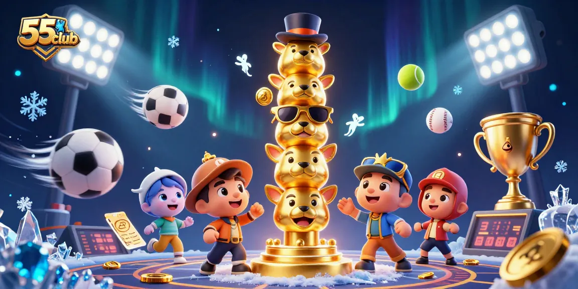 Bet on the dynamic sports betting experience with 55club's lively illustration featuring action-filled characters.