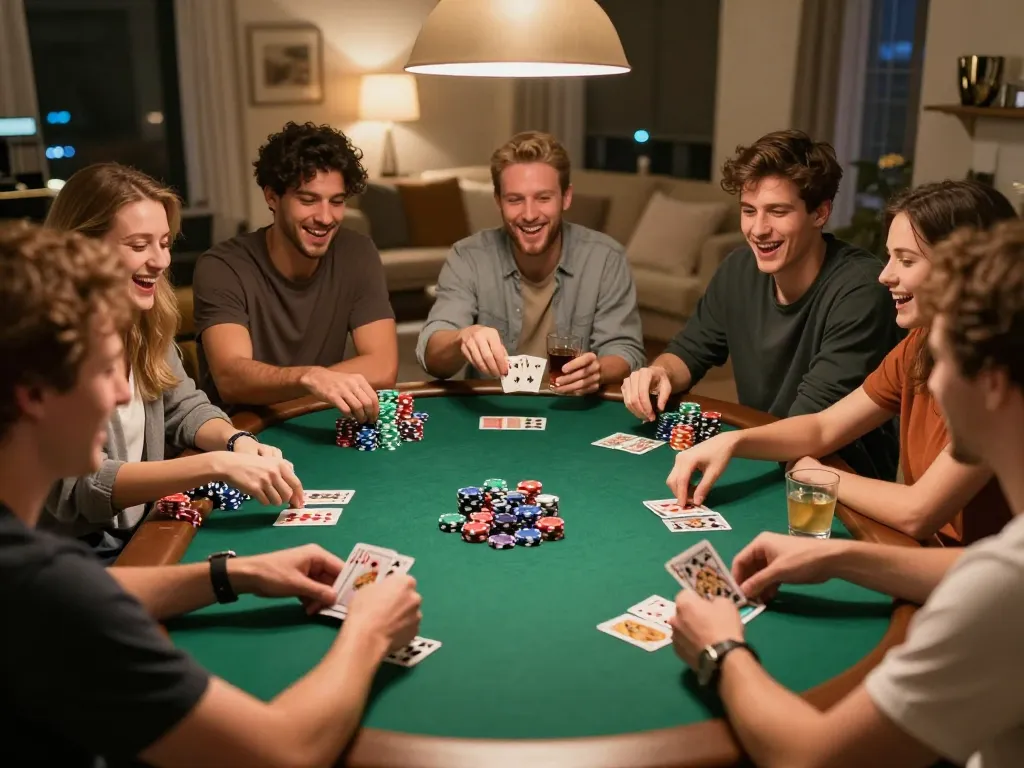 Friends engaging in an exciting poker night, showcasing f168 gaming strategies in a cozy atmosphere