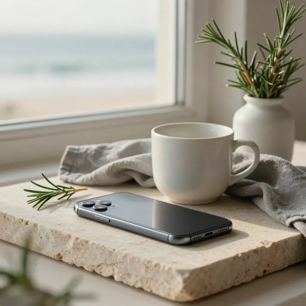 Smartphone, tazza e lino su pietra chiara, con erbe in primo piano e luce mattutina morbida.