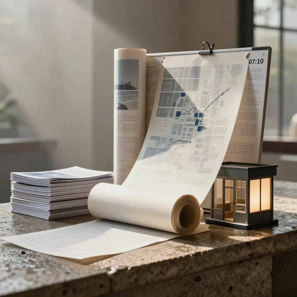 Bobine di poster, brochure e mini-vetrina su pietra bagnata, luce radente mattutina.
