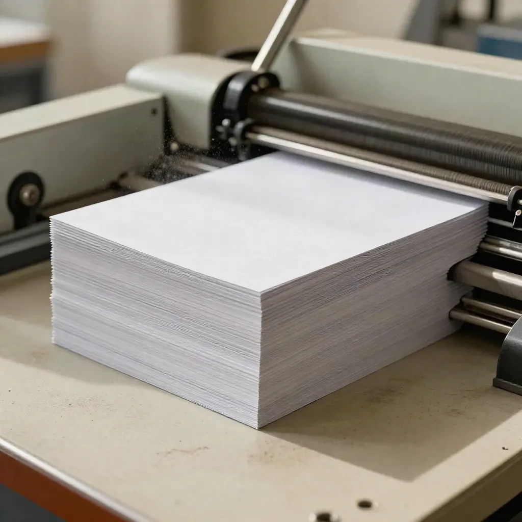 Brochure appena tagliate escono dalla ghigliottina in tipografia, con rulli d’inchiostro e polvere.