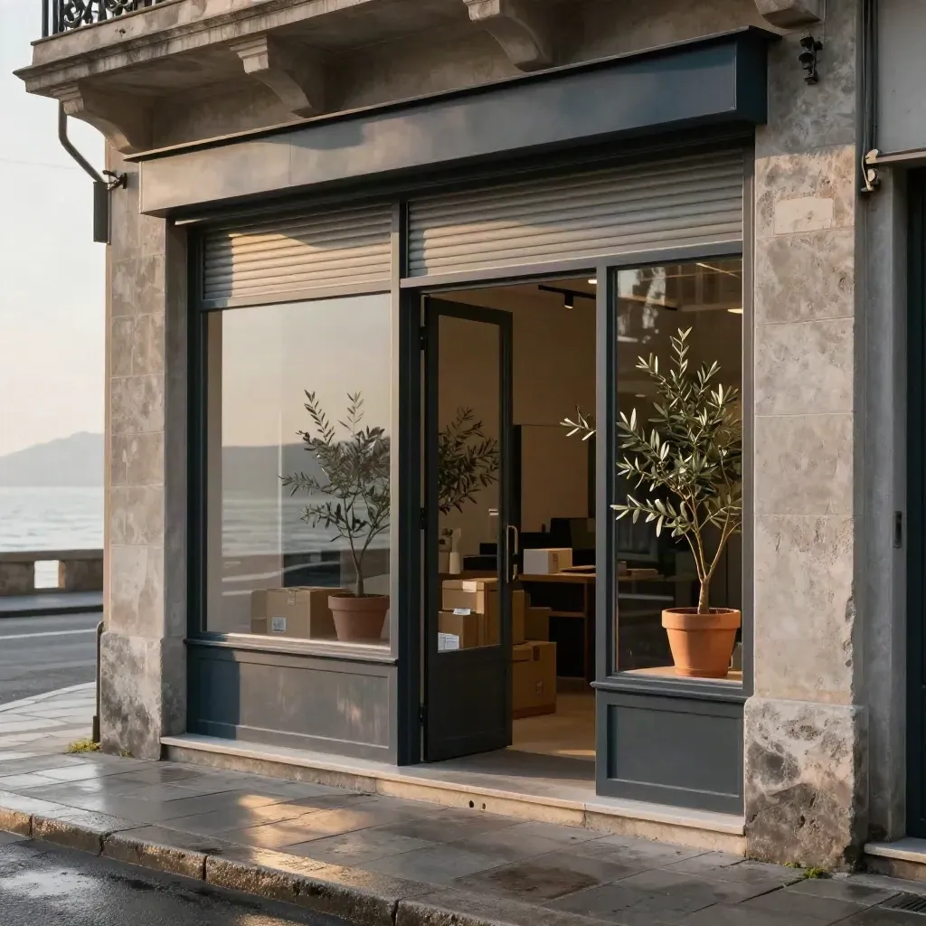 Vetrina di nuovo negozio a Trieste con serrande alzate, ulivi in vaso e scatoloni all’ingresso.