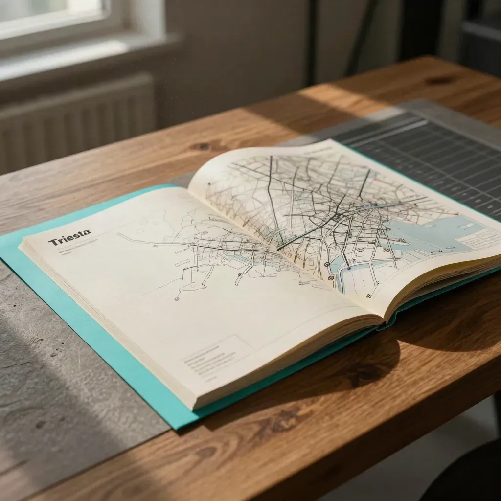 Tab colorati e mappa cittadina piegata su tavolo di pianificazione, luce cinematografica.