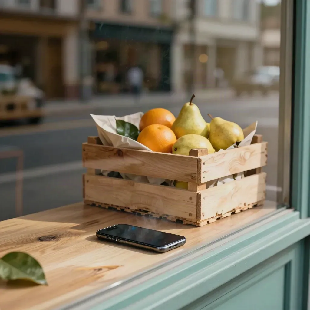 Vetrina di quartiere con telefono, cassa di prodotti stagionali e riflessi stradali sul vetro.