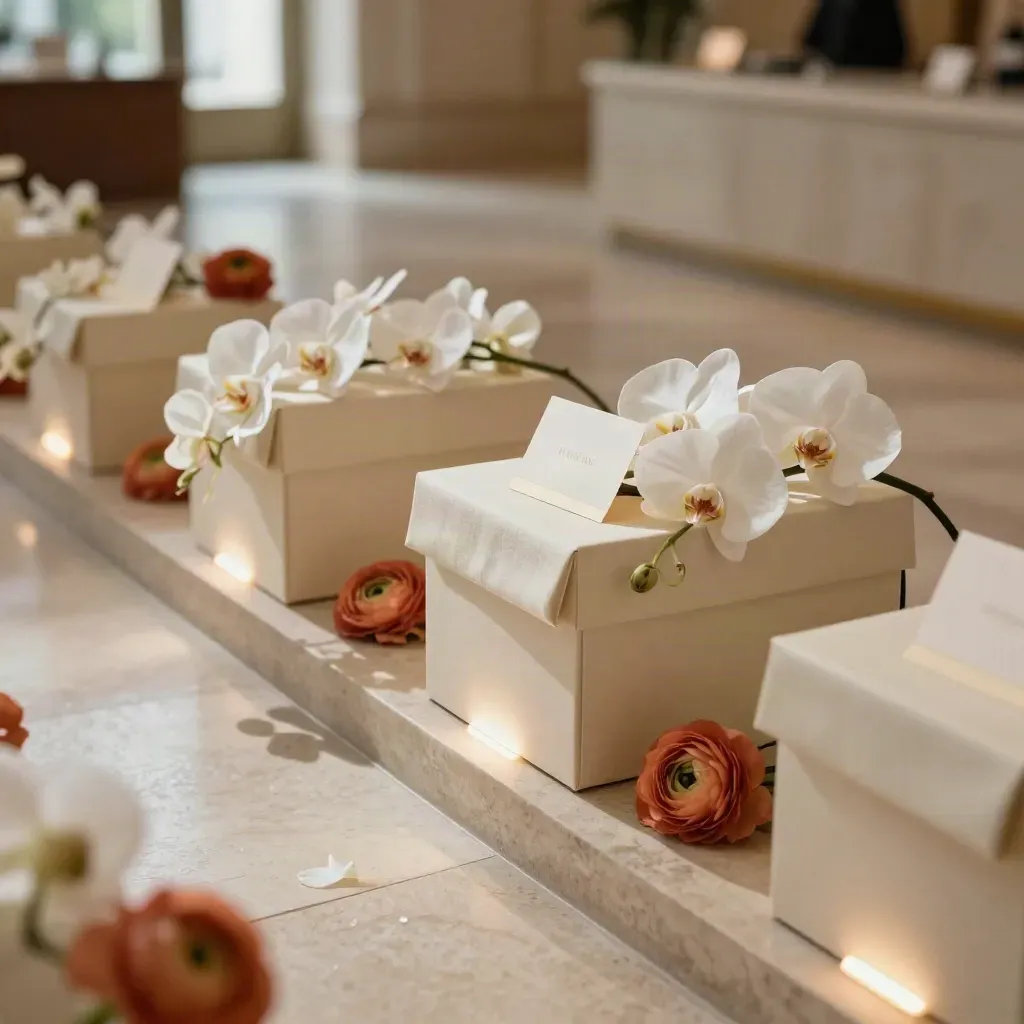 Foyer aziendale con scatole stampa, fiori bianchi e luci radenti, visto dall’alto