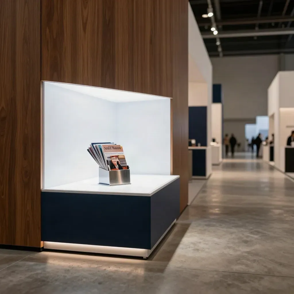 Stand fieristico con parete LED accesa, card piegate e pedana rialzata visto dal corridoio.