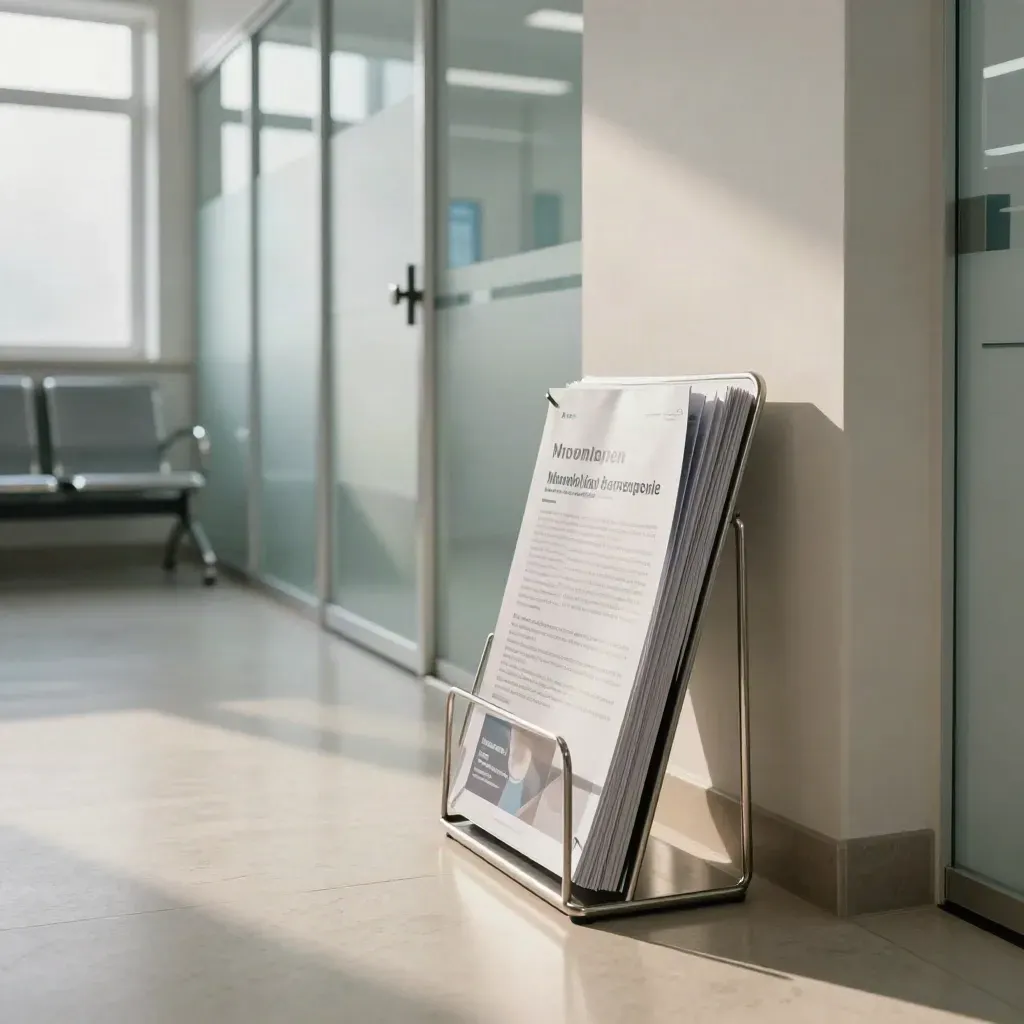 Corridoio di clinica elegante con vetro satinato, sedie metalliche e rastrelliera brochure in primo piano.