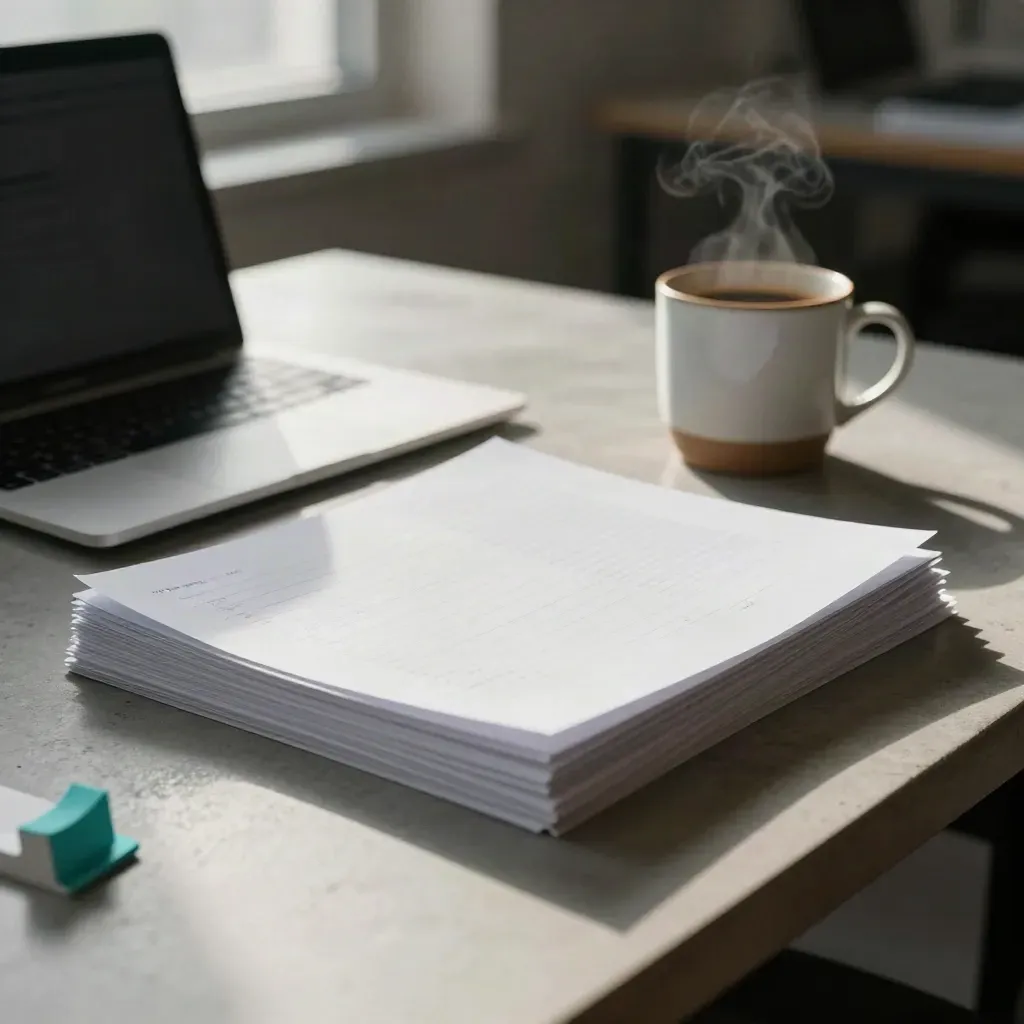 Laptop semiaperto, prove di pagina e caffè su un tavolo creativo con luce laterale