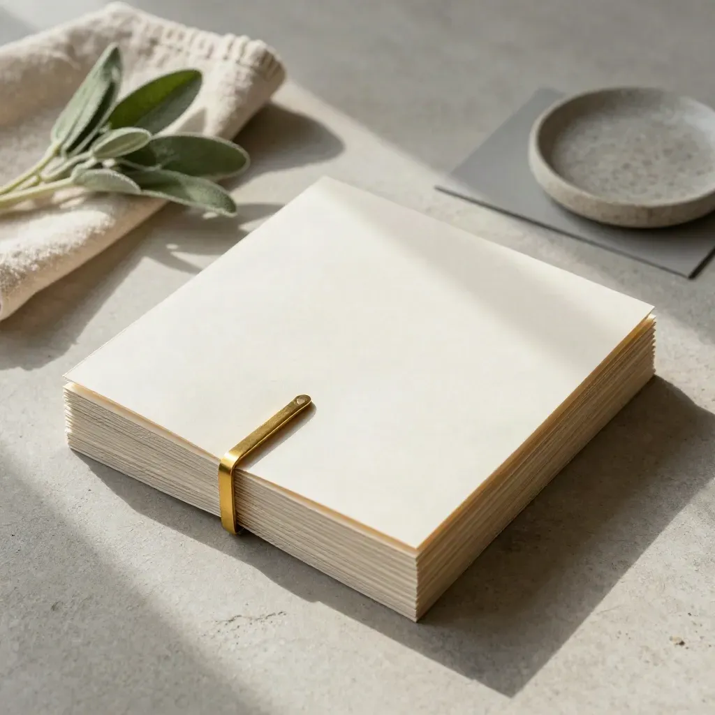 Mazzo di brochure in carta naturale con fermaglio in ottone, piantina e panno su cemento chiaro.