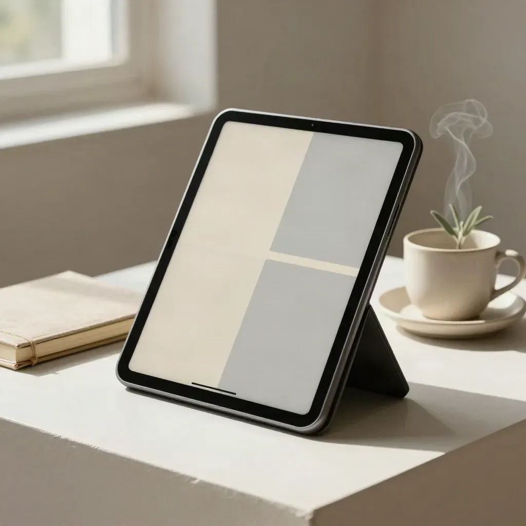Tablet con blocchi pagina astratti, taccuino piegato, tazza in ceramica e piantina su plinto chiaro.
