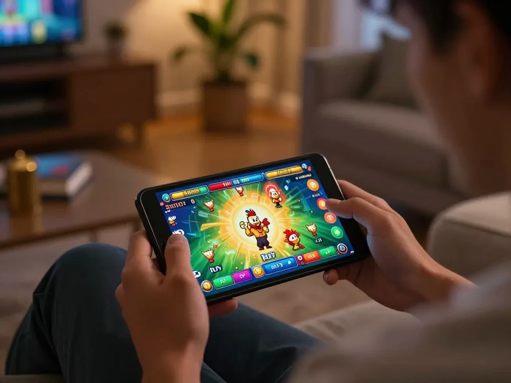 Gioco coinvolgente di recensoni chicken road mostrato su un dispositivo mobile in un ambiente accogliente, evidenziando l'emozione del gioco online