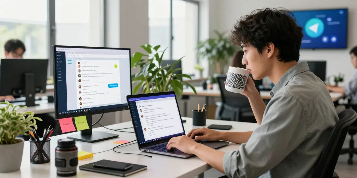 Using the Telegram web version in a modern office setting with a laptop and vibrant workspace.