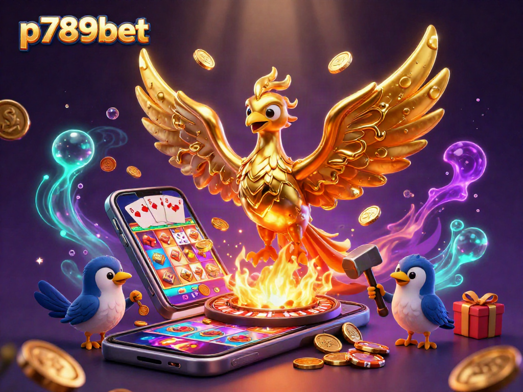 Experience the thrill of p789bet as golden coins cascade from a phoenix in a vibrant casino scene.