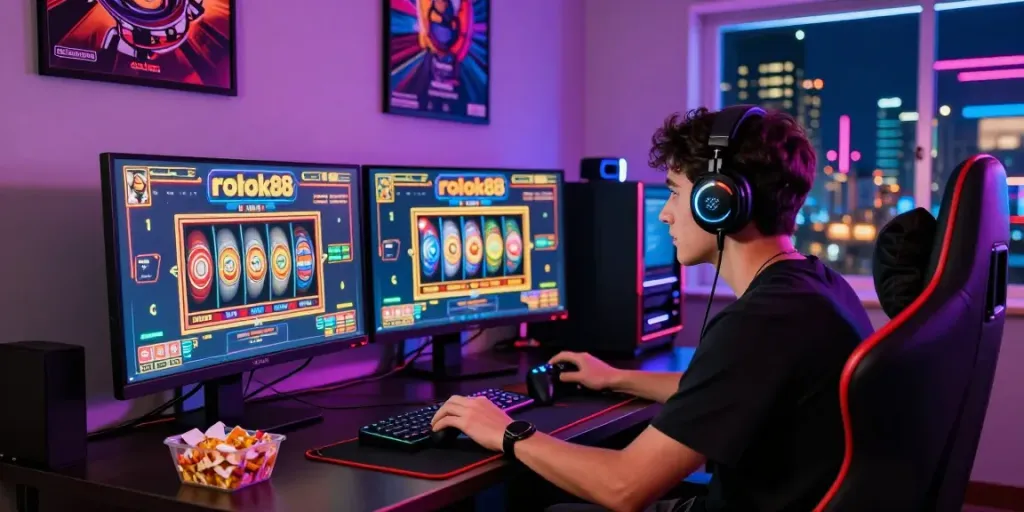 Player engaged in the exciting rokok88 slot game on dual monitors with colorful graphics.