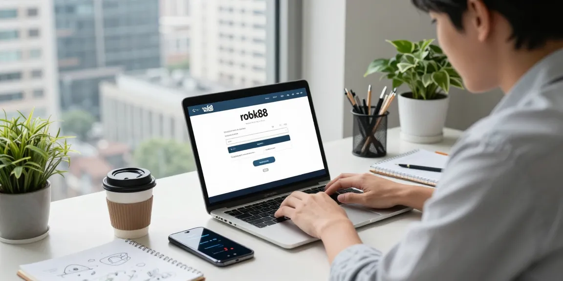 Young professional using rokok88 login at a modern workspace with city skyline.