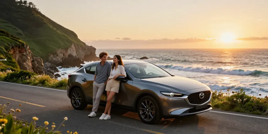 Esperienza di noleggio lungo termine Mazda su una strada costiera al tramonto, con coppia sorridente.