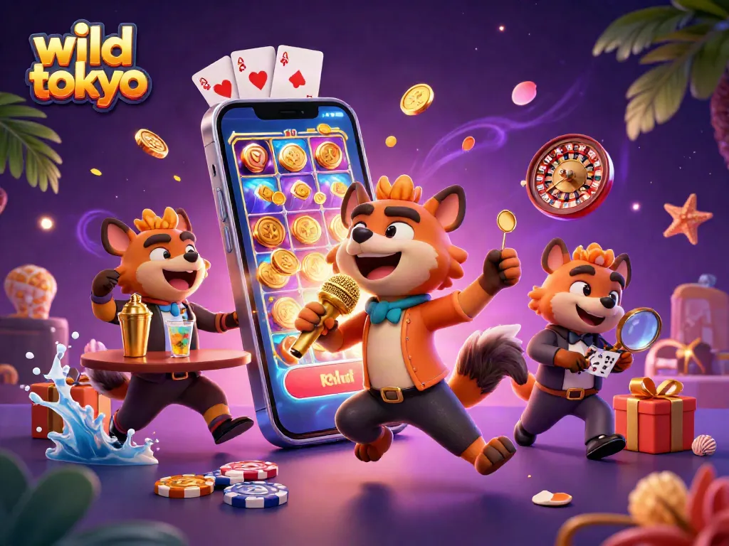 Engage with wild tokyo in a lively casino scene, featuring hyenas and dynamic game elements.