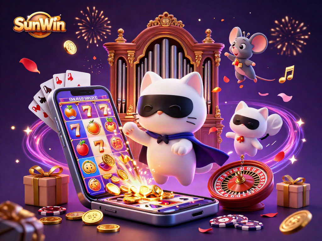 Enjoy exciting wins with SunWin in a vibrant, magical casino scene showcasing dynamic slot gaming.