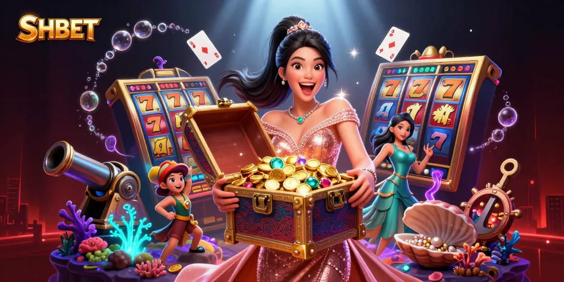 SHBET casino promotional illustration showcasing a joyful woman with treasures in a vibrant gaming theme