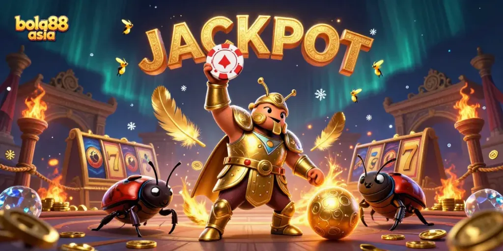 Experience jackpot excitement with bola88 asia in an illustrated 3D casino scene, featuring vibrant characters and rich details.