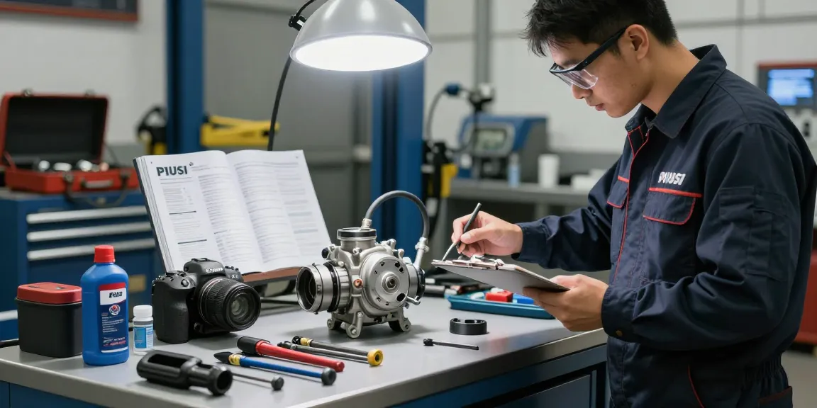 Tecnico che esamina un pompo Piusi nel suo laboratorio attrezzato.