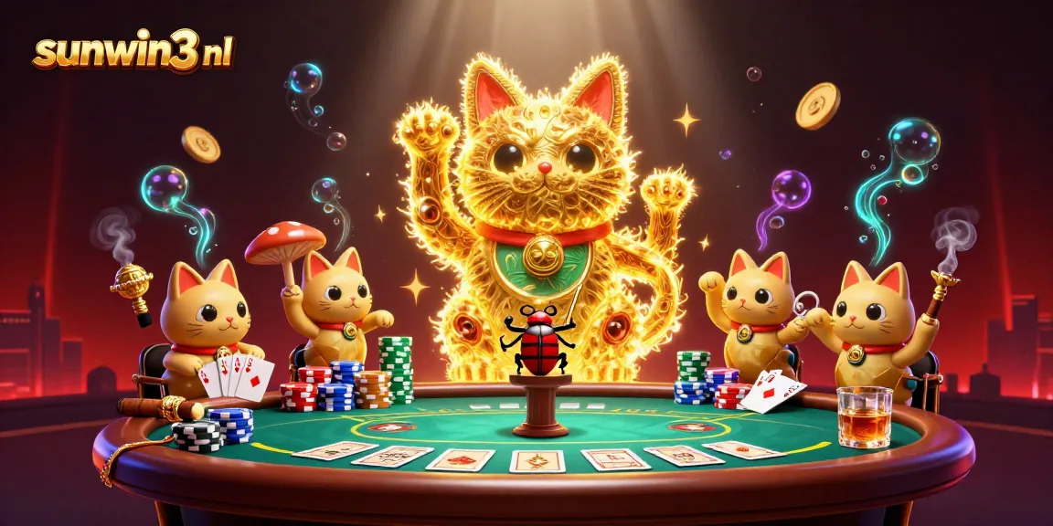 Experience the excitement of sunwin3 nl as golden fireflies transform into a lucky cat amidst vibrant casino elements.